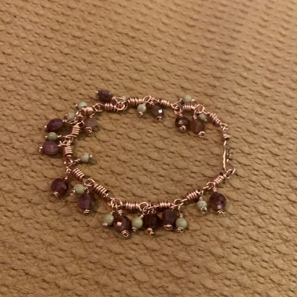 Wire wrapped pink Tourmaline and Green Turquoise Bracelet.
